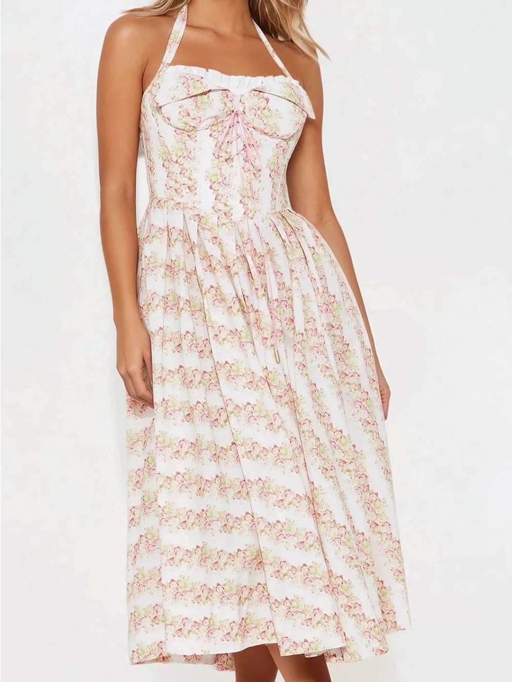 Fashion Nova White & Pink Floral Halter Midi Dress